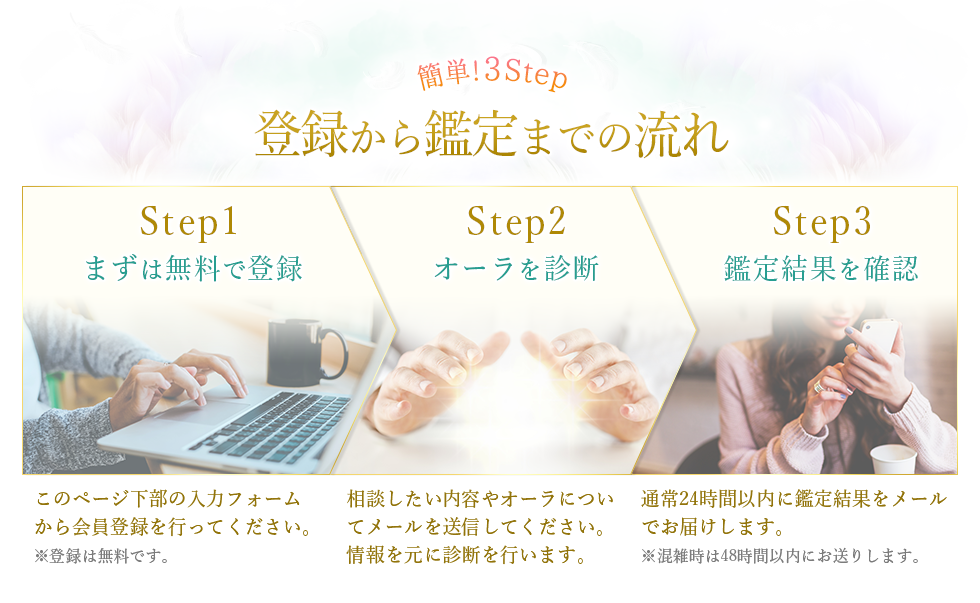 簡単!3Step登録から鑑定までの流れ/step1.まずは無料で登録：このページ下部の入力フォームから、会員登録を行ってください。※登録は一切料金は無料です。step2.オーラを診断：相談したい内容やオーラについてメールを送信してください。情報を元に診断を行います。step3.鑑定結果を確認：通常24時間以内に鑑定結果をメールでお届けします。※混雑時は48時間以内にお送りします。